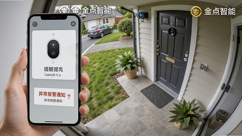 金点智能安防监控画面,展示手机接收门铃提醒和异常报警通知,背景为门外的监控视角,带有金点智能的水印标识,色彩明亮,细节丰富。