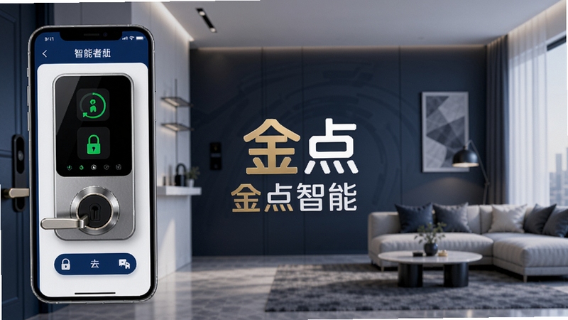 金点智能软件主界面预览图,展示手机连接智能门锁的控制面板,背景为现代简约家居环境,门锁状态图标清晰可见,整体色调以深蓝和白色为主,科技感十足,画面中心突出金点智能的品牌Logo。