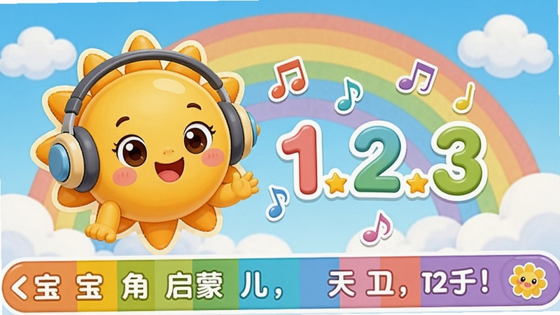 宝宝数字启蒙儿歌播放界面,屏幕上一个可爱的卡通太阳戴着耳机,旁边飘着音符和数字“1、2、3”,下方有彩色歌词条,背景是彩虹和云朵,整体风格温馨甜美,适合儿童音乐教育配图