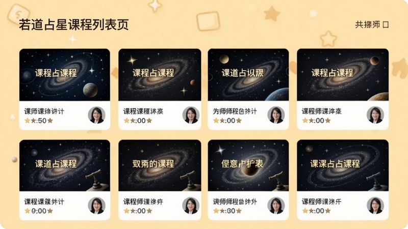 若道占星课程列表页,展示多个课程封面缩略图,每个封面配有课程名称和讲师头像,界面采用卡片式布局,背景为淡黄色暖色调,营造温馨的学习氛围,整体设计简洁大方