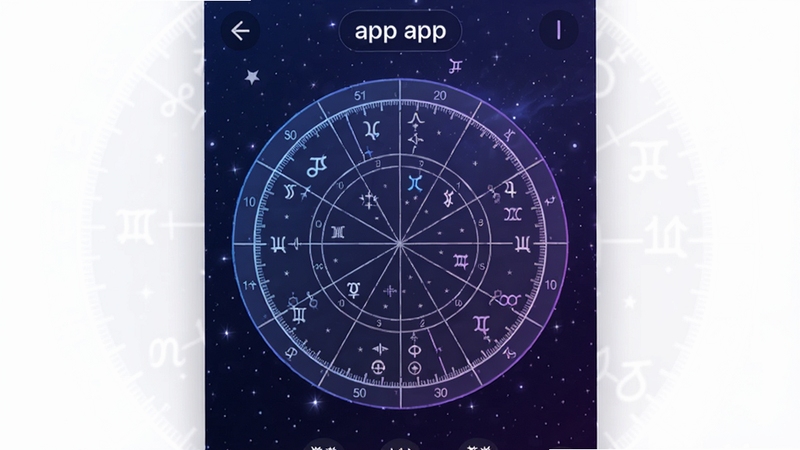 若道app主界面预览图,展示星盘绘制页面,背景为深蓝色星空,中央是圆形星盘,带有行星符号和宫位线条,界面简洁清晰,现代感强,整体色调为蓝紫色渐变,营造神秘而专业的占星氛围