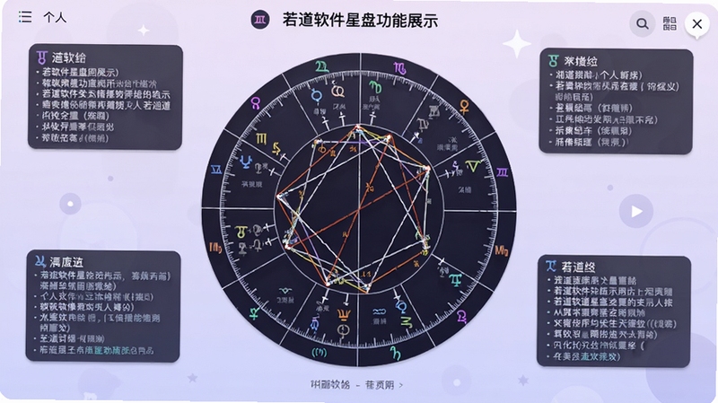 若道软件星盘功能展示,展示一张完整的个人星盘图,带有行星符号、星座标识和相位连线,背景为柔和的浅紫色渐变,星盘周围有详细的文字说明框,界面设计专业且美观