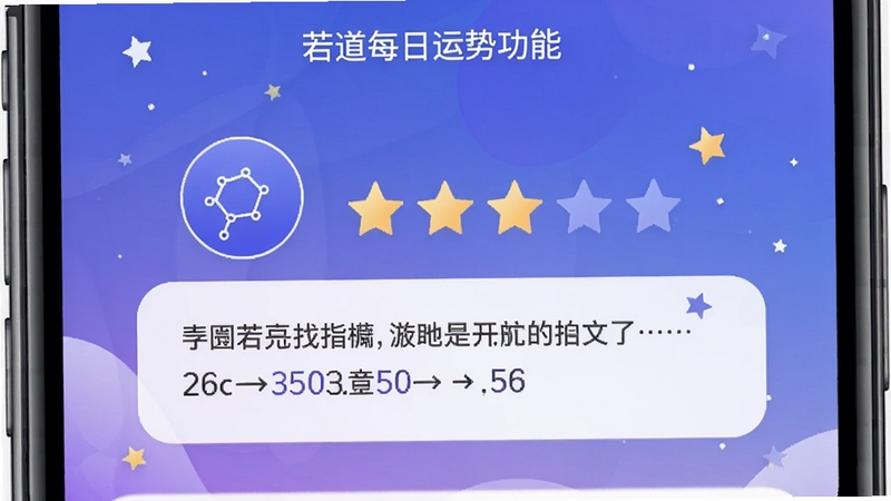 若道每日运势功能截图,展示手机界面上的运势卡片,包含星座图标、运势星级评定和简短文字描述,背景为渐变蓝紫色,配有星星点缀,整体风格清新时尚,信息一目了然