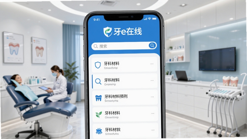 牙e在线软件主界面预览图,展示牙科材料分类列表与搜索框,背景为现代诊所环境,前景为手机屏幕特写,界面清晰明亮,蓝白色调,包含牙e在线Logo,画面居中,细节丰富,商业软件宣传图风格