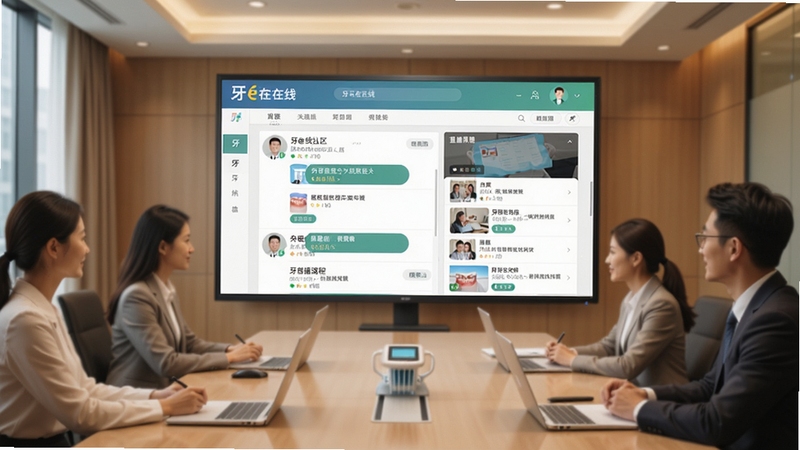 牙e在线社区讨论界面,展示牙医交流问答与直播课程列表,背景为会议室场景,屏幕上有牙e在线界面,色调温馨,突出学术氛围,配图清晰,软件功能介绍图