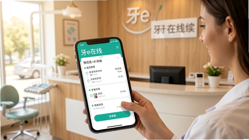 牙e在线手机操作画面,用户正在查看物流信息,背景为牙科诊所前台,画面自然温馨,强调软件实用性,APP界面截图风格