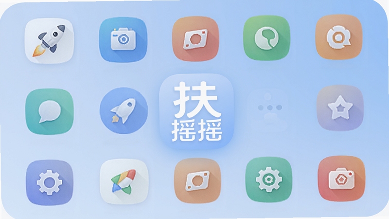 扶摇应用主界面预览图,展示手机屏幕中排列整齐的工具图标,背景为淡蓝色渐变,中央位置突出扶摇Logo,整体风格简约现代,光线柔和,符合移动端软件展示场景,适合作为软件下载站首页大图