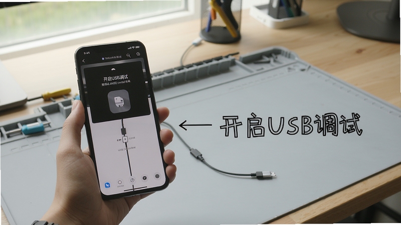 扶摇使用教程步骤图,展示手机连接电脑通过USB传输安装包的画面,旁边有文字标注“开启USB调试”,背景为简洁工作台,光线自然,图片风格写实,适合作为操作指南配图