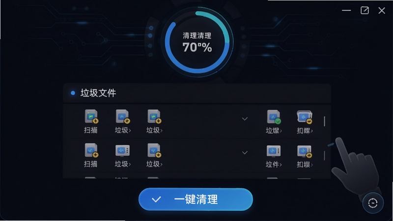 扶摇清理功能操作界面截图,展示扫描到的垃圾文件列表,顶部为环形进度条显示清理百分比,背景为深色科技风格,底部有醒目的“一键清理”按钮,整体UI设计清晰易懂,适合教程配图