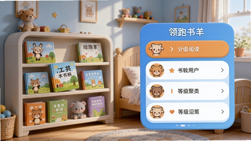 领跑羊App分级阅读功能界面,展示绘本书架和等级列表,界面有蓝色和橙色配色,卡通小动物图标,背景为儿童卧室,书架上有彩色图书,光线柔和,数字艺术风格。