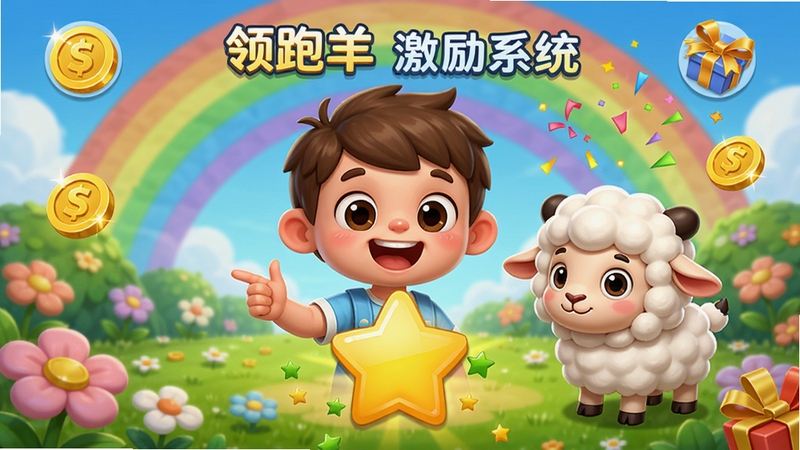 领跑羊App激励系统画面,显示孩子获得星星奖励和虚拟宠物小羊,背景为彩虹花园,有金币和礼花特效,界面充满童趣,色彩明快,卡通渲染。