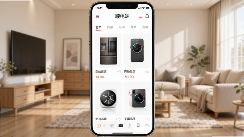顺电味app界面预览图,展示首页精选商品瀑布流,包含高端家电与数码产品,背景为温馨简约的现代家居环境,色调明亮柔和,突出生活品质感,采用手机竖屏截图样式,高清细节丰富