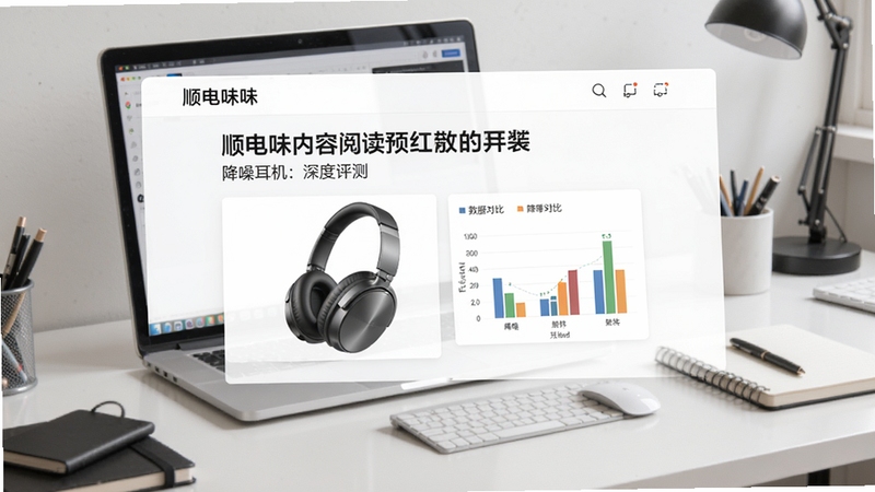 顺电味内容阅读页面预览,展示一篇关于降噪耳机的深度评测文章,配有线图与数据对比图表,界面排版清晰,背景为简约工作台,电脑与笔记本元素点缀,突出专业性与可读性