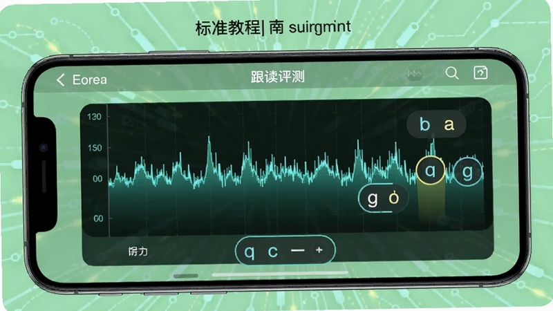 英语国际音标标准教程跟读评测界面,手机屏幕显示得分波形图与音标高亮提示,背景为浅绿色,科技感风格