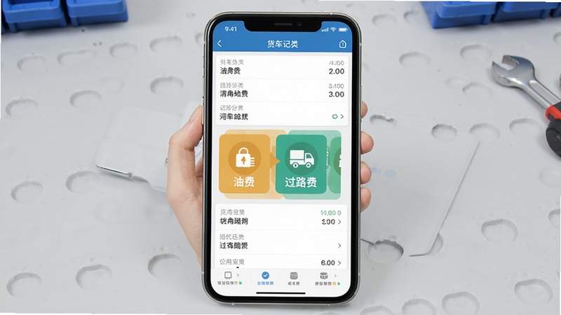 货车记软件主界面预览图,手机屏幕显示清晰的记账分类列表,背景是简洁的浅灰色工作台,屏幕中央突出显示油费、过路费等图标,整体风格实用清晰