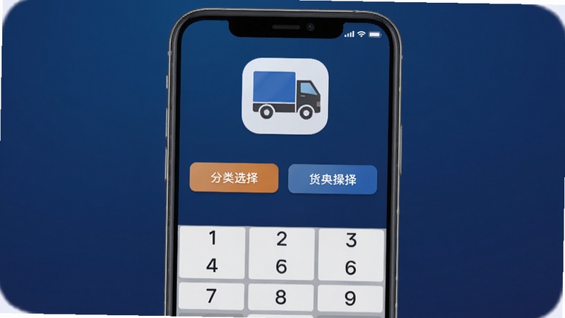 货车记记账操作界面预览图,手机屏幕显示分类选择按钮,一辆蓝色货车图标在屏幕上方,下方是数字键盘,背景为深蓝色渐变,突出便捷记录功能