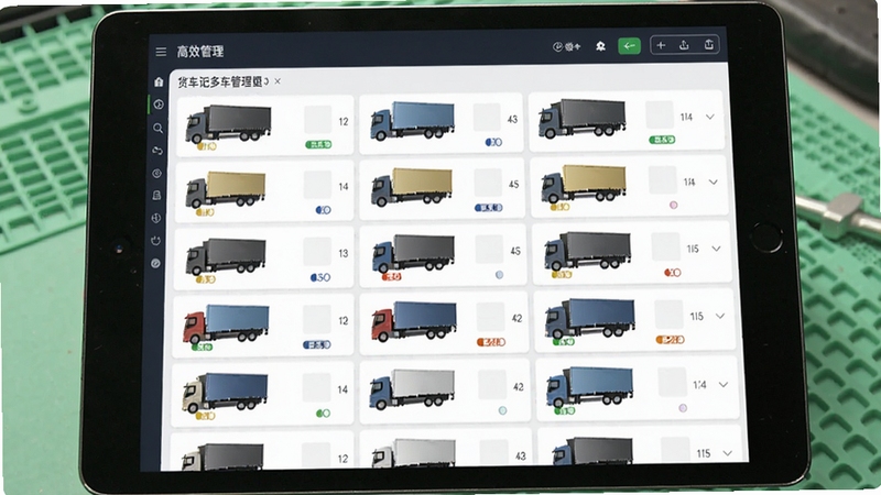 货车记多车管理界面预览图,平板电脑屏幕显示多辆货车列表,每辆车配有不同颜色标签,背景是浅绿色工作台,体现高效管理场景