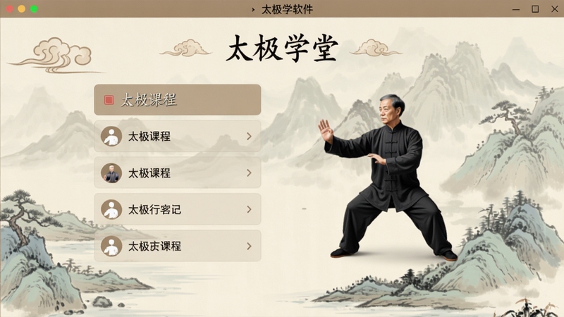 太极学堂软件主界面预览图,画面中央显示课程列表与太极动作示范,背景为淡雅山水画风格,整体色调柔和,突出学习氛围,采用Boogu模型生成