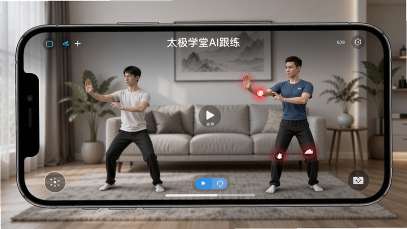 太极学堂AI跟练功能界面,手机屏幕显示用户与虚拟教练动作对比,红色标注偏差部位,界面科技感十足,背景为简洁客厅环境,采用Boogu模型生成
