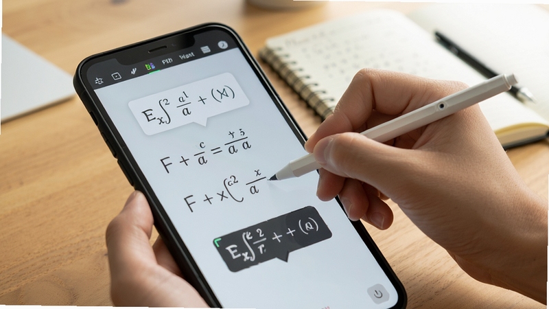 数学白板智能笔迹识别功能特写,一只手握触控笔在手机屏幕上书写数学公式,屏幕中手写笔迹正被识别为清晰的印刷体公式,周围有识别结果提示框,背景为书桌和笔记本,光线明亮,突出智能化和便捷性