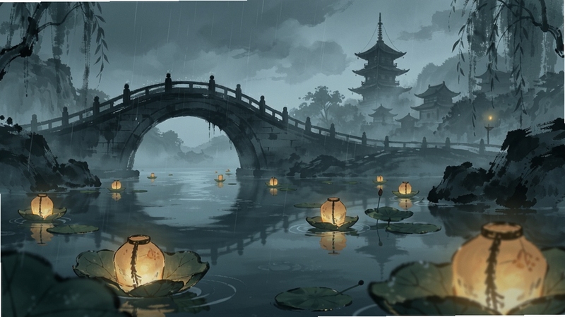 鸣蝉纪游戏场景展示,画面为烟雨中的古桥与流水,水面上漂浮着发光的荷叶灯,远处有若隐若现的宝塔,整体色调以青灰与暖黄为主,水墨风格浓郁,光影层次分明,适合作为游戏场景壁纸