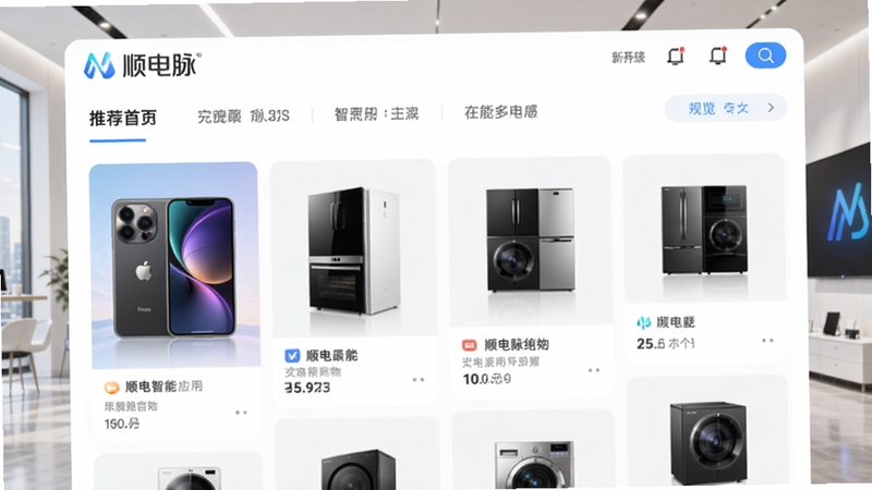 顺电脉智能购物应用主界面预览图,展示首页推荐商品瀑布流,包含手机、家电等品类,背景为现代简约风格,界面清晰明亮,突出“顺电脉”品牌标识,整体画面专业且富有科技感。