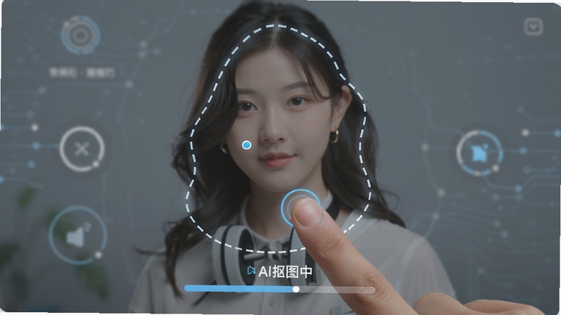 PS图片合成器智能抠图功能演示,手指点击屏幕上的人物照片,人物周围出现流动的选区虚线,背景被自动虚化,界面显示“AI抠图中”进度条,风格科技感十足