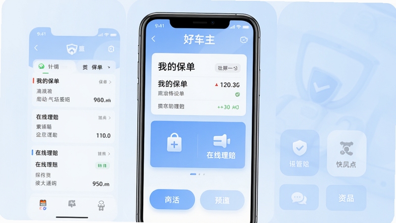 好车主保险助手主界面预览图,展示清晰的保单列表与快捷功能按钮,背景为简洁的浅蓝色渐变,中心区域突出显示“我的保单”和“在线理赔”两个主要模块,整体风格现代、干净,适合移动端应用商店展示