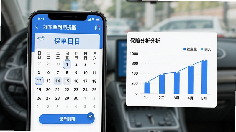好车主保险助手保单管理功能界面示意图,画面展示手机屏幕中保单到期提醒日历与保障分析图表,色彩以蓝色和白色为主,图表清晰易读,背景虚化处理,突出移动端操作的便利性