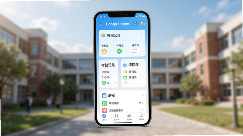 物联校园软件主界面展示,包含校园公告、考勤记录、课程表等核心功能模块,整体风格现代简约,背景为模糊的校园建筑,画面中心突出APP界面,色彩明亮,高清渲染,Boogu模型生成