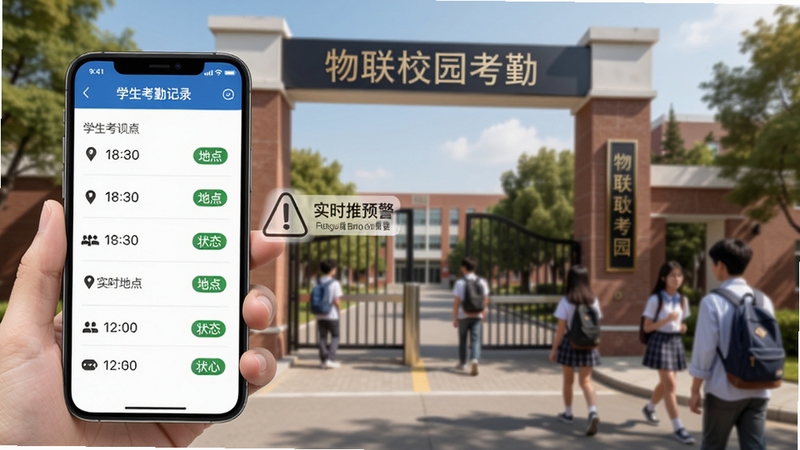 物联校园考勤功能示意图,展示手机端学生考勤记录列表,包含时间、地点、状态标签,背景为学校大门,画面清晰自然,强调实时推送与安全预警,Boogu模型生成