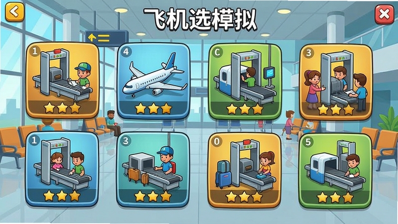飞机安检模拟器PC电脑版游戏关卡选择界面,多个关卡图标排列,每个图标显示不同的安检场景和难度星级,背景为机场候机楼,界面简洁明了,色彩活泼,卡通风格