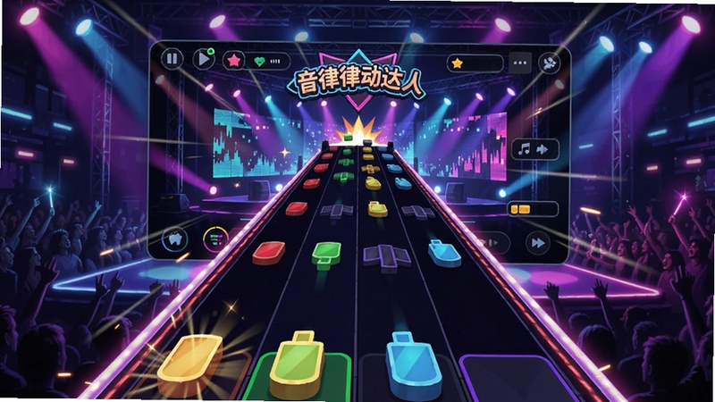 音律律动达人游戏宣传图,画面中央是游戏主界面,背景为霓虹灯光舞台,前景展示下落式音符轨道,色彩鲜艳,动感十足,竖屏构图,适合手机壁纸风格