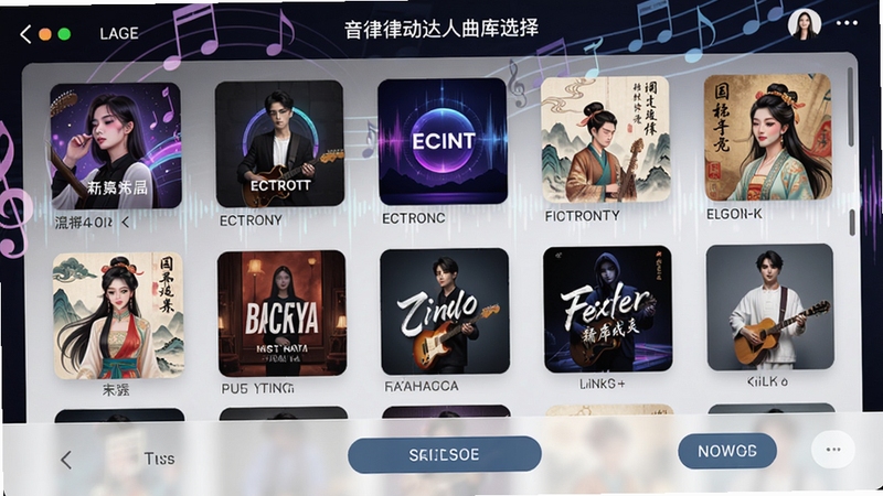 音律律动达人曲库选择界面,列表展示多首歌曲封面,包含流行、电子、国风等风格,背景为抽象音乐符号,界面整洁,按钮清晰,体现丰富曲库