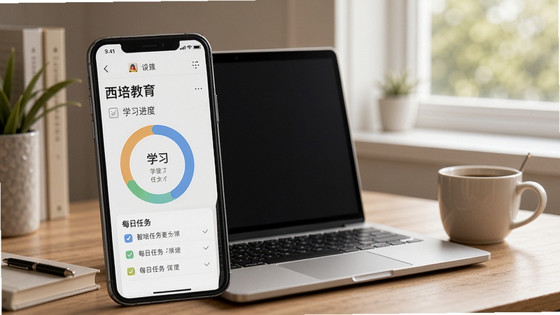 西培教育智能规划功能展示图,手机界面显示学习进度环形图与每日任务清单,背景为书桌一角摆放笔记本电脑和咖啡杯,窗外透进自然光,凸显数字化学习管理场景,画风写实且色彩柔和