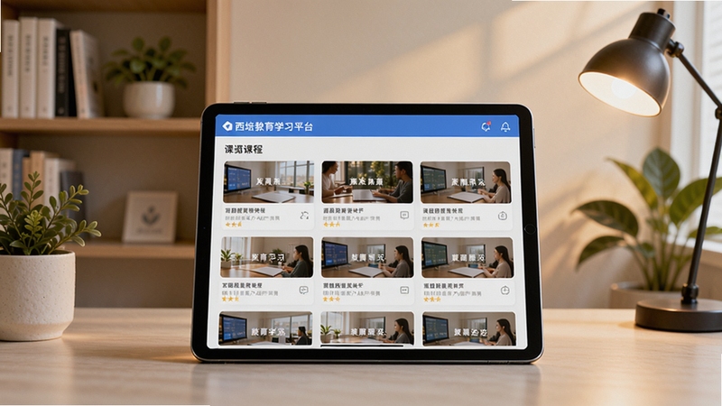 西培教育学习平台整体界面预览图,画面中央是平板电脑展示APP课程列表,背景为现代简约的书房场景,书架与绿植点缀,暖色调灯光营造专注学习氛围,整体画面清晰明亮,突出教育软件的专业性与亲和力
