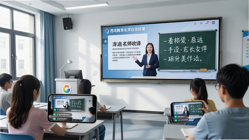 西培教育名师在线授课场景,大屏幕显示教师课件与板书,下方学生通过手机端观看直播并发送弹幕提问,教室环境明亮整洁,科技感与教学氛围融合,展现远程互动课堂的真实感