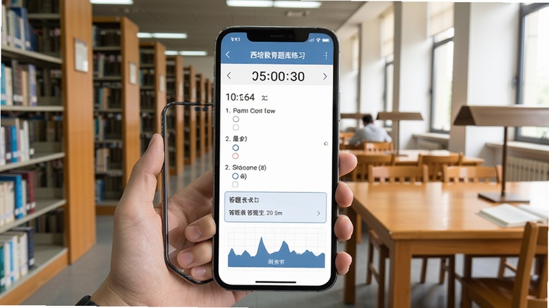西培教育题库练习界面截图,手机屏幕展示选择题作答页面,带有倒计时和答题卡区域,背景是学生手持手机在图书馆自习的场景,书架与木桌元素清晰,光线充足,体现移动学习便捷性