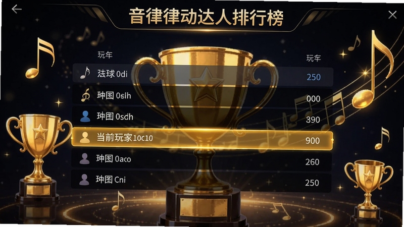 音律律动达人排行榜界面,展示全球玩家分数排名,背景为金色奖杯和音符元素,当前玩家排名高亮显示,界面简洁大气,体现竞技氛围