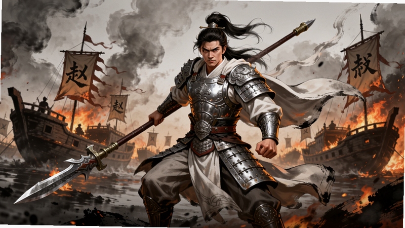 进击的赵云(测试服)游戏主视觉图,画面中央是身穿银甲白袍的赵云持枪傲立,背景是燃烧的赤壁战船与硝烟,人物动态充满力量感,整体风格为写实三国水墨风,色彩对比强烈,突出英雄气概,竖版构图适配手机游戏宣传图