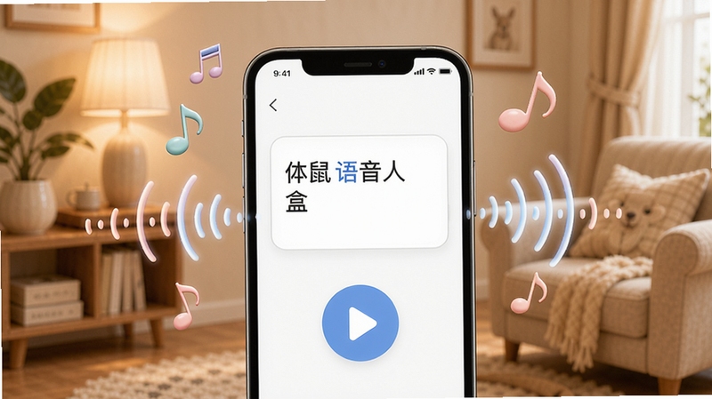 袋鼠语音盒语音合成功能示意图,手机界面显示文字输入框和播放按钮,周围有音符和声波特效,背景为温馨的室内环境,色调柔和,突出语音的生动与自然