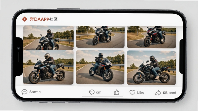 ����APP�������棬��Ļ��չʾ�����û��ϴ���Ħ�г�������Ƭ��������ܰ�������ۺ͵���ͼ�꣬����Ϊ��͵�ǳ��ɫ�����ֻ�����Χ