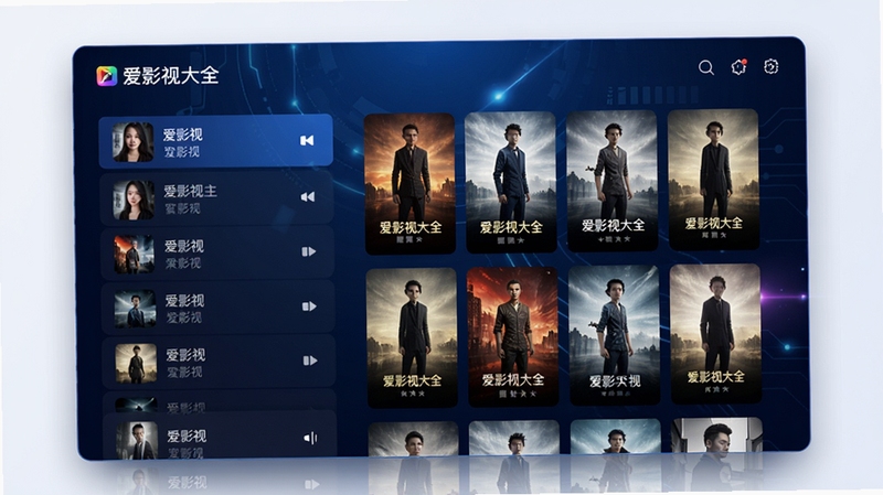 爱影视大全聚合影视平台主界面预览图,画面中央显示清晰的播放列表和海报墙,背景为深蓝色科技感渐变,整体风格现代简约,突出软件名称爱影视大全