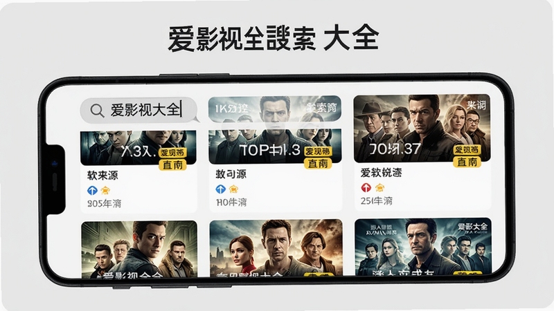 爱影视大全搜索功能演示图,手机屏幕上显示搜索框输入关键词后,下方呈现出多个来源的影片列表,每个条目带有清晰度标签,背景为浅灰色,突出软件名称爱影视大全