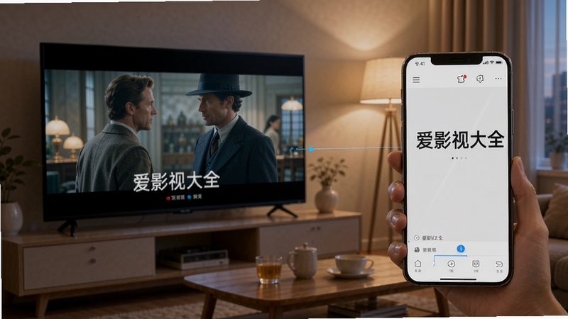 爱影视大全手机投屏功能使用场景图,画面中手机与智能电视连接,电视上正在播放高清电影,室内光线柔和,突出软件名称爱影视大全