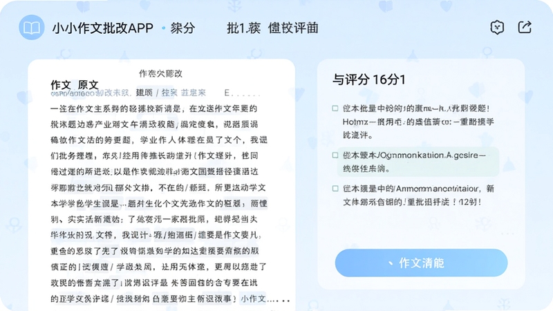 题小小作文批改APP主界面截图,展示作文批改功能,左侧为作文原文,右侧为批注与评分,背景为淡蓝色学习风格,画面简洁清晰,居中构图,UI设计现代,色彩柔和,整体风格专业且适合学生使用
