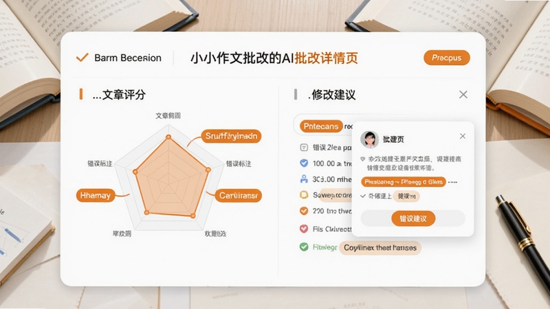 题小小作文批改的AI批改详情页,展示文章评分雷达图、错误标注以及修改建议弹窗,界面以白色为底,橙色高亮批注,图表清晰,背景有书本和笔的装饰,整体风格明亮活泼