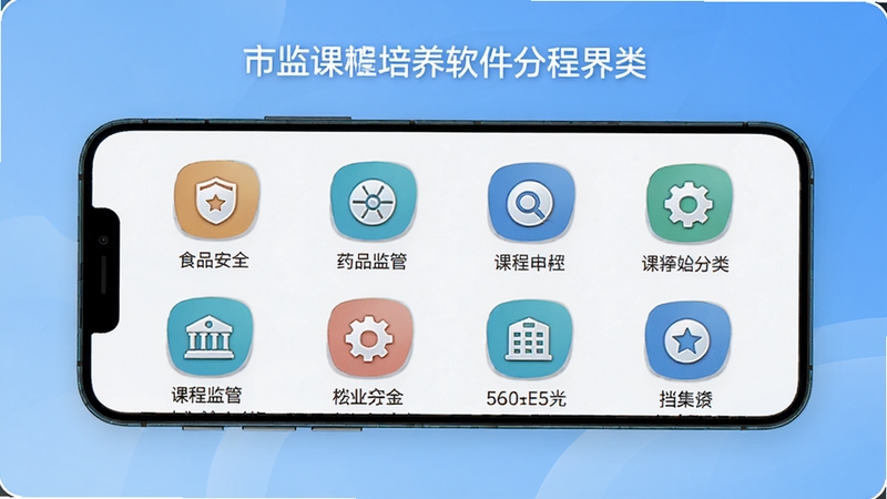 展示市监人才培养软件课程分类界面的示意图,画面主体为手机屏幕上的课程分类列表,包含食品安全、药品监管等图标,背景为简洁的渐变蓝色,整体风格清新专业,突出课程体系的丰富多样。