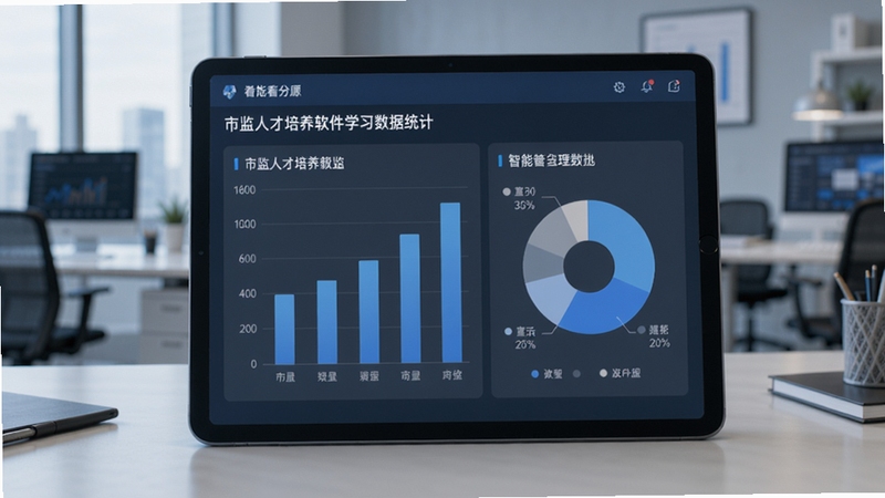 展示市监人才培养软件学习数据统计界面的效果图,画面主体为平板电脑上的数据看板,包含柱状图与饼图,背景为办公室场景,整体色调以蓝色和灰色为主,突出数据可视化与智能管理特性。