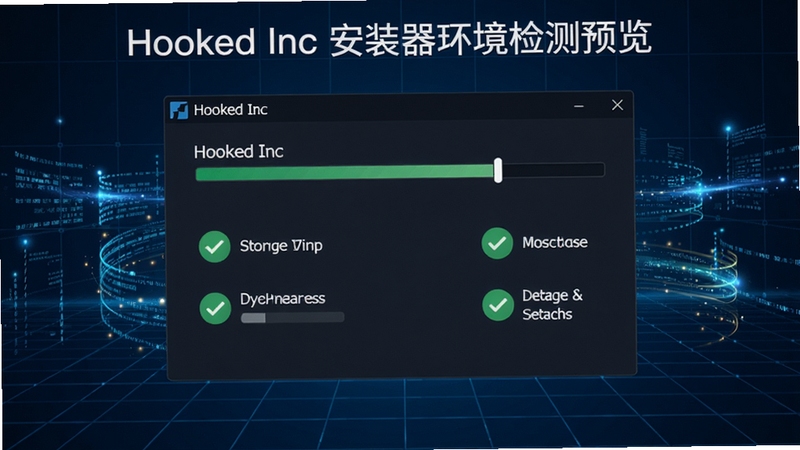 չʾHooked Inc��װ�����л������Ľ��棬��Ļ���н������͸�������ͼ�꣬�����洢�ռ䡢ϵͳ�����ԡ�����״̬�ȣ�ÿ��ͼ��������ɫ�Թ�������Ϊ�Ƽ���ʮ�������ɫ���񣬻�������Ϊ�����壬��Χ�����������Ĺ�Ч��ǿ�����ܻ����Զ���������ΪHooked Inc��װ���������Ԥ��ͼ